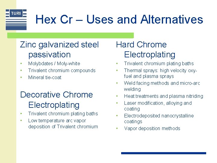 Hex Cr – Uses and Alternatives Zinc galvanized steel passivation Hard Chrome Electroplating •