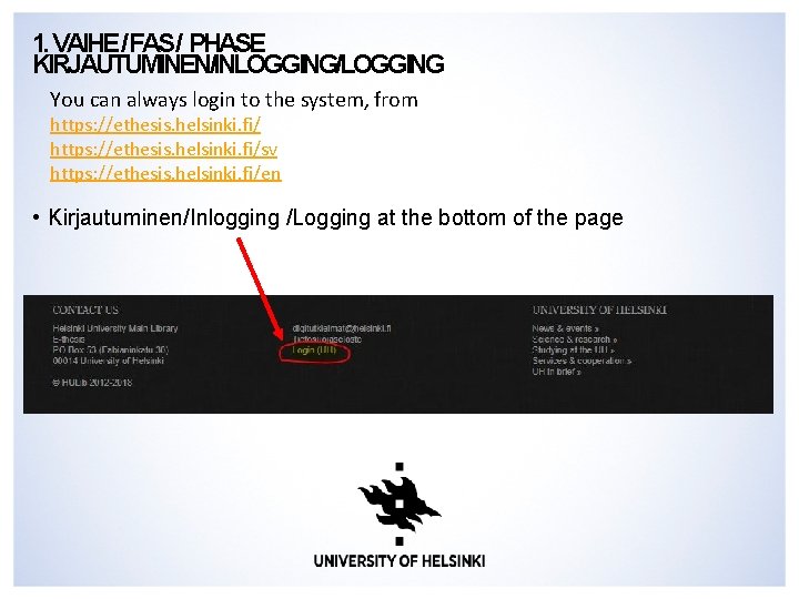 1. VAIHE/FAS/ PHASE KIRJAUTUMINEN/INLOGGING/LOGGING You can always login to the system, from https: //ethesis. 1. VAIHE/FAS/ PHASE KIRJAUTUMINEN/INLOGGING/LOGGING You can always login to the system, from https: //ethesis.
