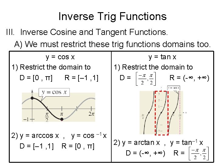 Inverse Trig Functions III. Inverse Cosine and Tangent Functions. A) We must restrict these Inverse Trig Functions III. Inverse Cosine and Tangent Functions. A) We must restrict these