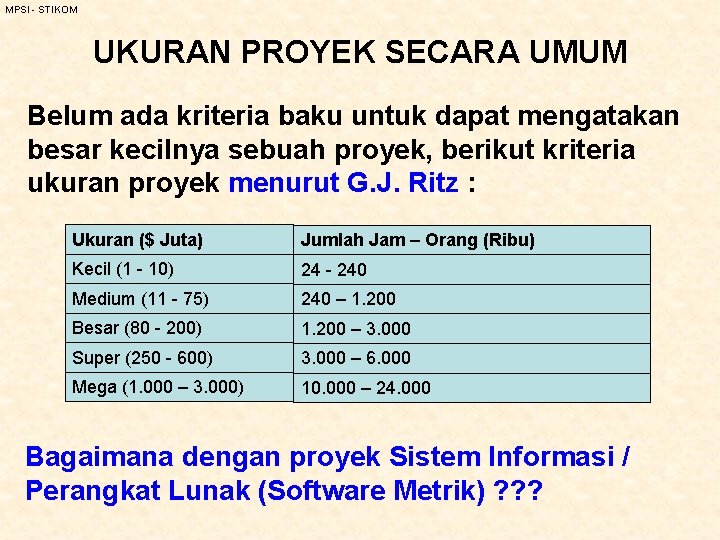 MPSI - STIKOM UKURAN PROYEK SECARA UMUM Belum ada kriteria baku untuk dapat mengatakan