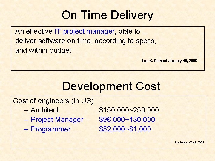 On Time Delivery An effective IT project manager, able to deliver software on time,