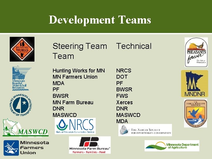 Development Teams Steering Team Technical Team Hunting Works for MN MN Farmers Union MDA