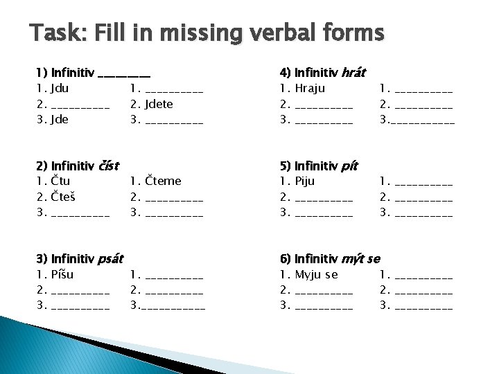 Task: Fill in missing verbal forms 1) 1. 2. 3. Infinitiv _____ Jdu 1.