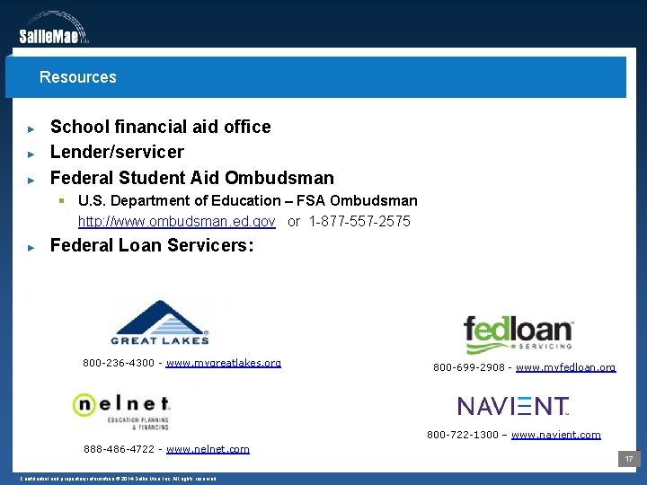 Resources ► ► ► School financial aid office Lender/servicer Federal Student Aid Ombudsman §