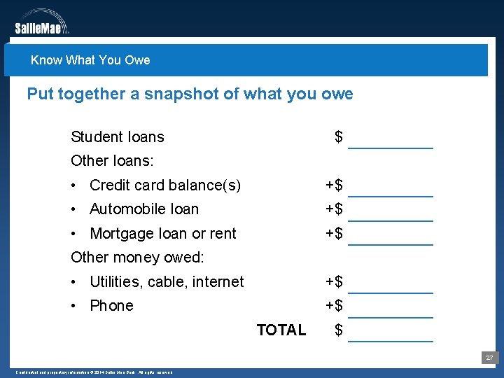 Know What You Owe Put together a snapshot of what you owe Student loans