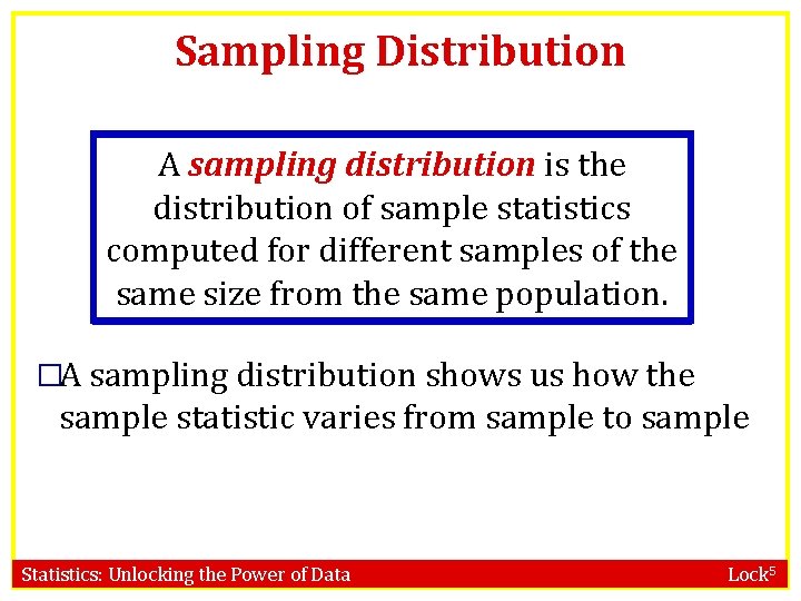 Sampling Distribution A sampling distribution is the distribution of sample statistics computed for different