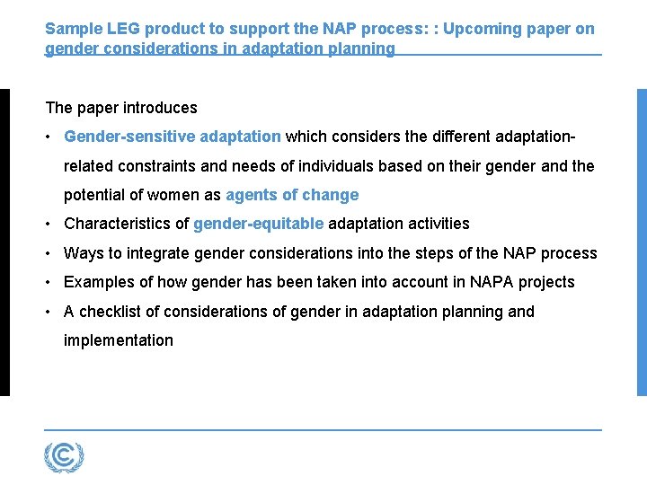Sample LEG product to support the NAP process: : Upcoming paper on gender considerations