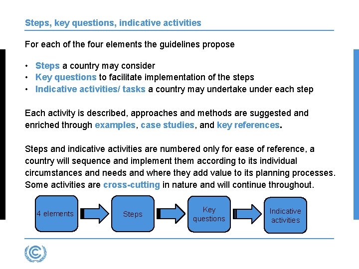 Steps, key questions, indicative activities For each of the four elements the guidelines propose