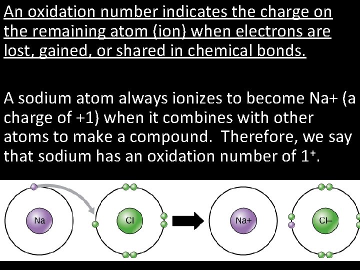 An oxidation number indicates the charge on the remaining atom (ion) when electrons are