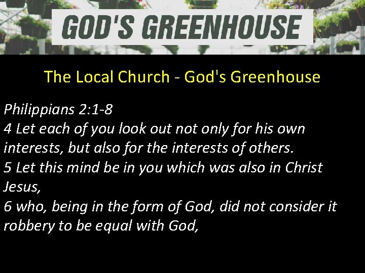 The Local Church - God's Greenhouse Philippians 2: 1 -8 4 Let each of