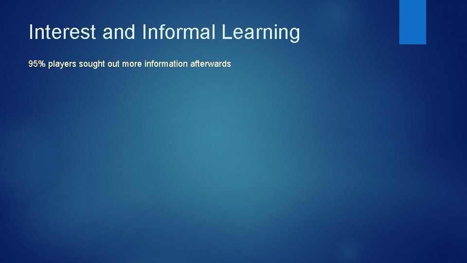 Interest and Informal Learning 95% players sought out more information afterwards 