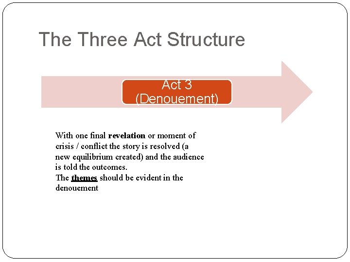 The Three Act Structure Act 3 (Denouement) With one final revelation or moment of The Three Act Structure Act 3 (Denouement) With one final revelation or moment of