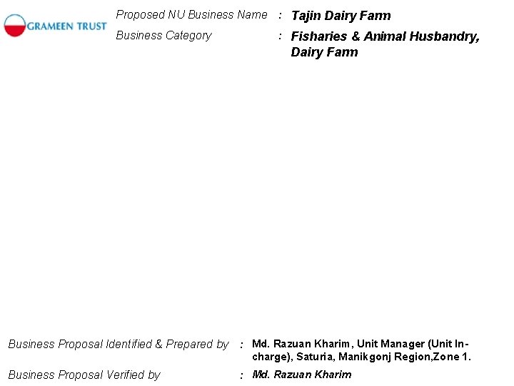 Proposed NU Business Name : Tajin Dairy Farm Business Category : Fisharies & Animal