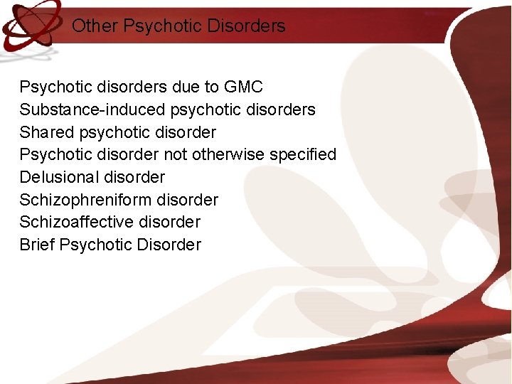 Other Psychotic Disorders Psychotic disorders due to GMC Substance-induced psychotic disorders Shared psychotic disorder