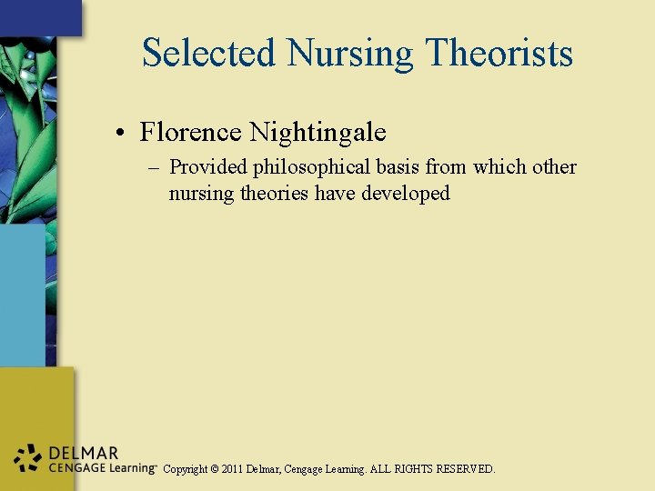 Selected Nursing Theorists • Florence Nightingale – Provided philosophical basis from which other nursing