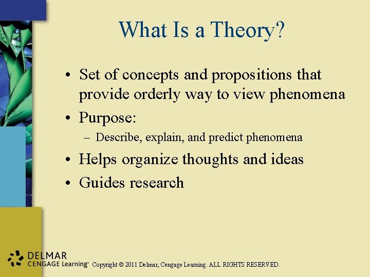 What Is a Theory? • Set of concepts and propositions that provide orderly way