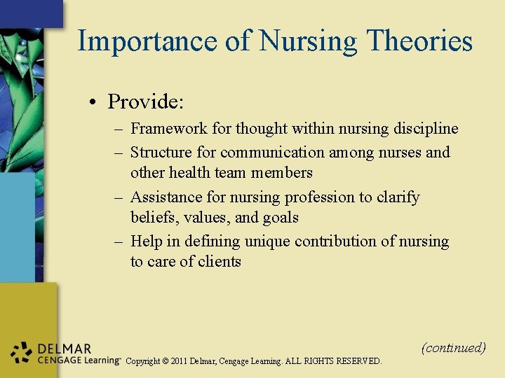 Importance of Nursing Theories • Provide: – Framework for thought within nursing discipline –