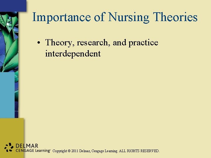 Importance of Nursing Theories • Theory, research, and practice interdependent Copyright © 2011 Delmar,