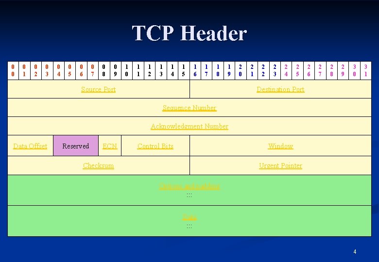 TCP Header 0 0 0 1 0 2 0 3 0 4 0 5
