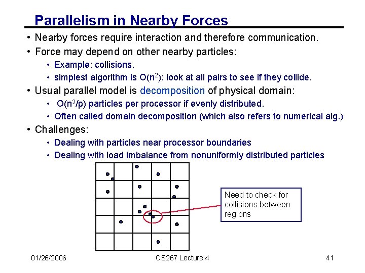 Parallelism in Nearby Forces • Nearby forces require interaction and therefore communication. • Force