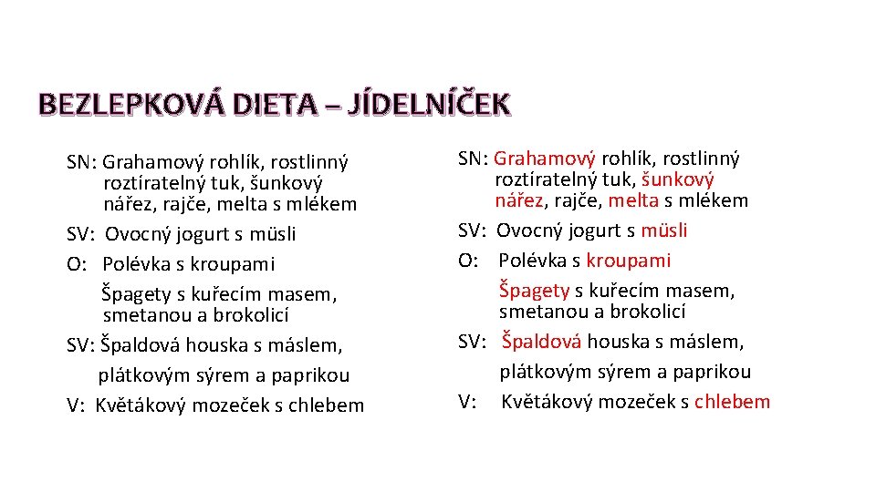 BEZLEPKOVÁ DIETA – JÍDELNÍČEK SN: Grahamový rohlík, rostlinný roztíratelný tuk, šunkový nářez, rajče, melta