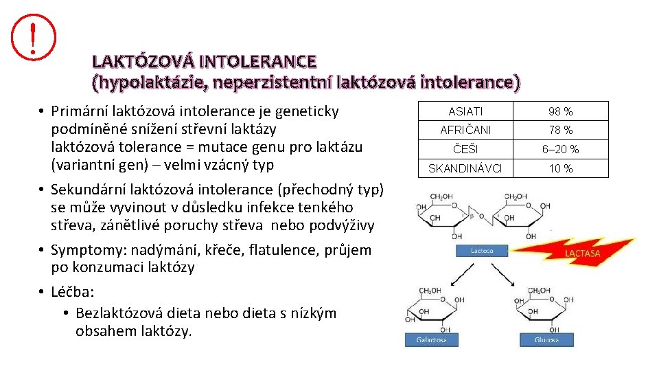 ! LAKTÓZOVÁ INTOLERANCE (hypolaktázie, neperzistentní laktózová intolerance) • Primární laktózová intolerance je geneticky podmíněné