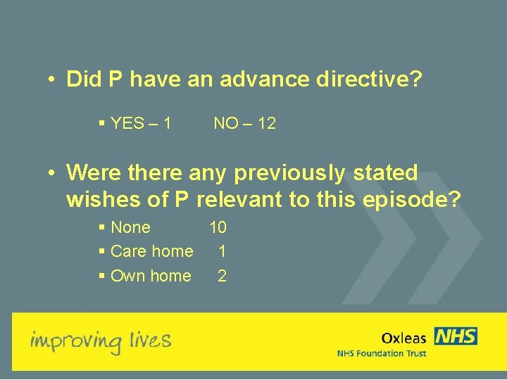  • Did P have an advance directive? § YES – 1 NO –