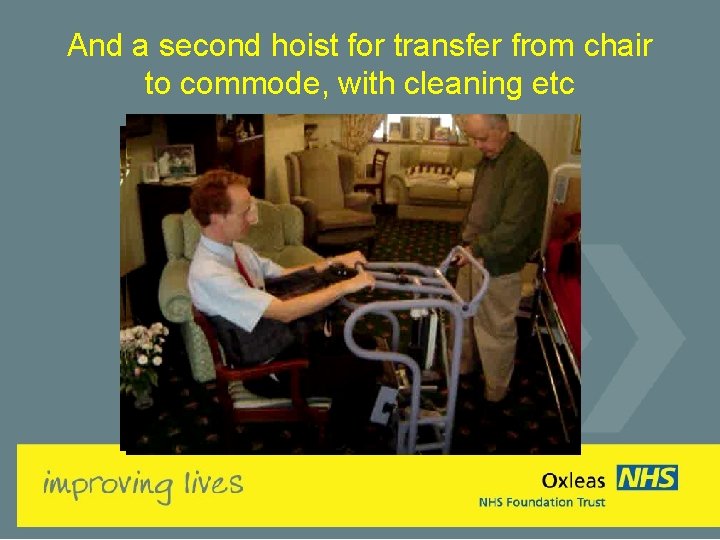 And a second hoist for transfer from chair to commode, with cleaning etc 