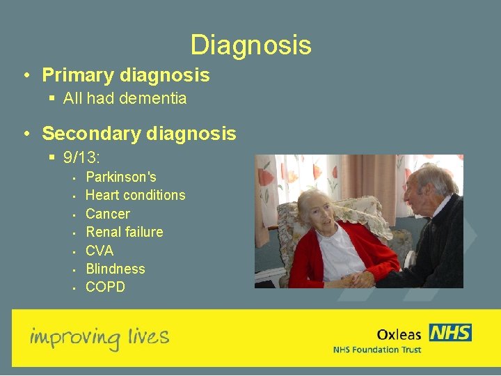 Diagnosis • Primary diagnosis § All had dementia • Secondary diagnosis § 9/13: •