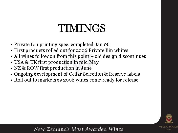 TIMINGS • Private Bin printing spec. completed Jan 06 • First products rolled out