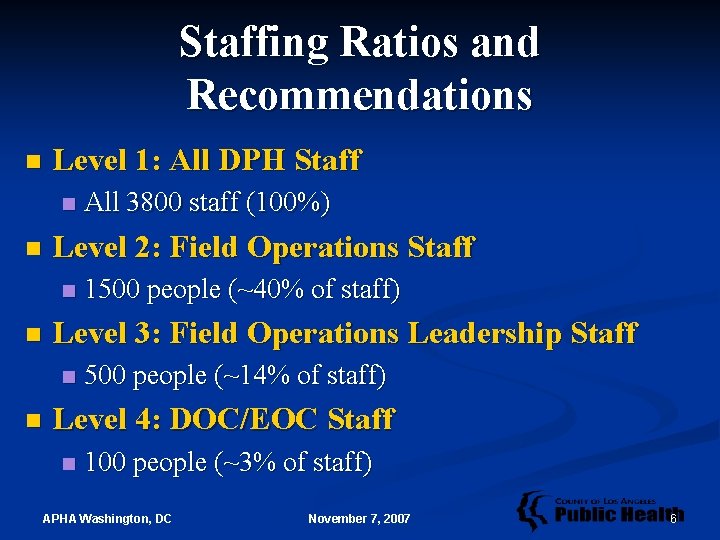 Staffing Ratios and Recommendations n Level 1: All DPH Staff n n Level 2: