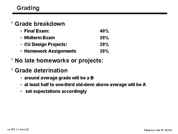 Grading ° Grade breakdown • • Final Exam: Midterm Exam CU Design Projects: Homework