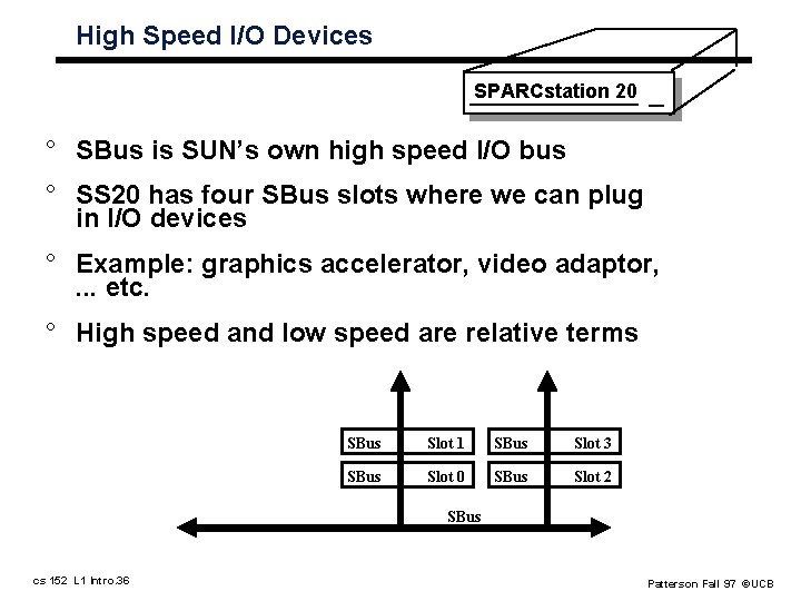 High Speed I/O Devices SPARCstation 20 ° SBus is SUN’s own high speed I/O