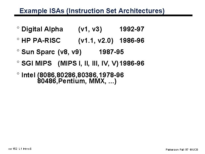 Example ISAs (Instruction Set Architectures) ° Digital Alpha (v 1, v 3) ° HP