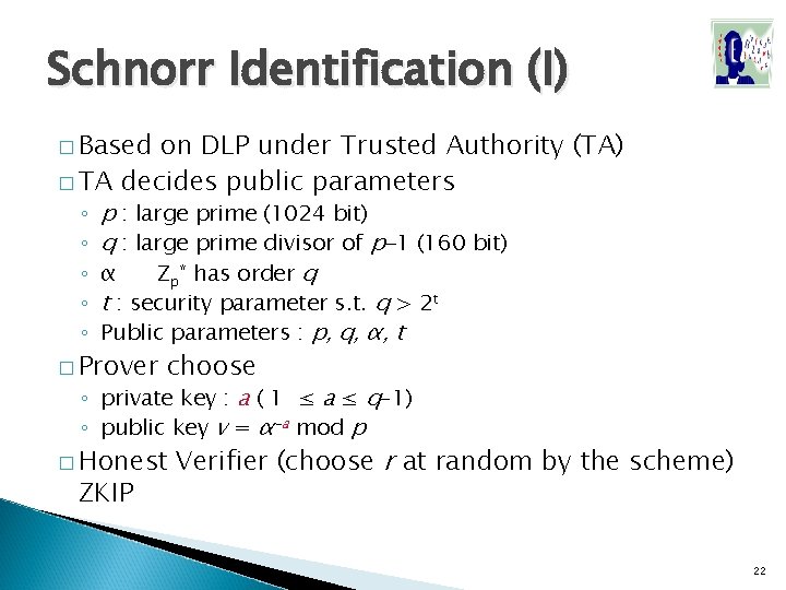 Schnorr Identification (I) � Based on DLP under Trusted Authority (TA) � TA decides Schnorr Identification (I) � Based on DLP under Trusted Authority (TA) � TA decides