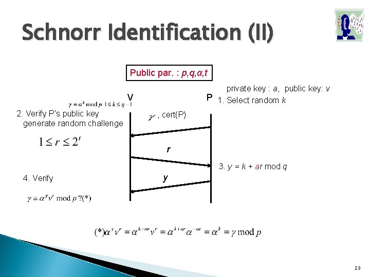 Schnorr Identification (II) Public par. : p, q, α, t private key : a, Schnorr Identification (II) Public par. : p, q, α, t private key : a,