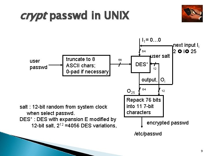 crypt passwd in UNIX I 1= 0… 0 64 user passwd truncate to 8 crypt passwd in UNIX I 1= 0… 0 64 user passwd truncate to 8