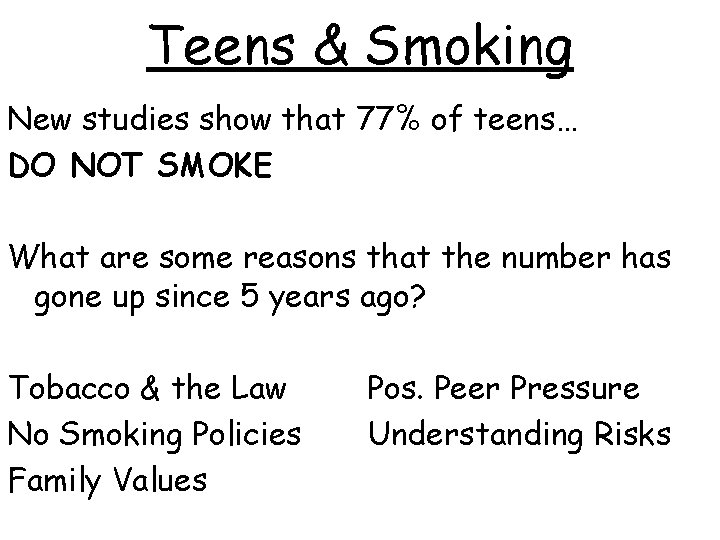 Teens & Smoking New studies show that 77% of teens… DO NOT SMOKE What