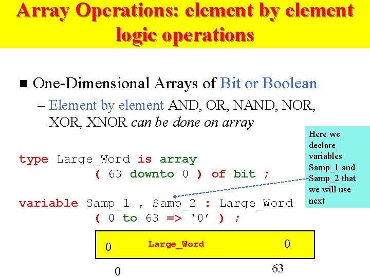 Array Operations: element by element logic operations n One-Dimensional Arrays of Bit or Boolean