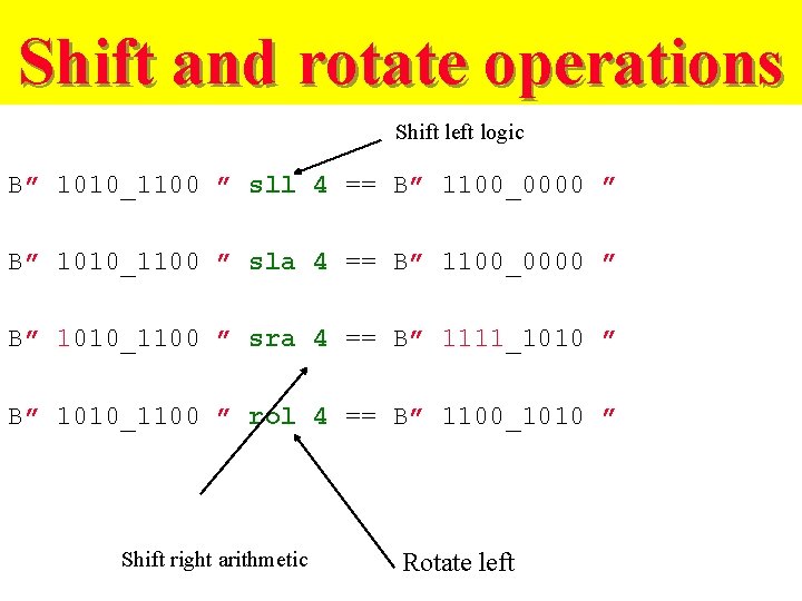 Shift and rotate operations Shift left logic B” 1010_1100 ” sll 4 == B”