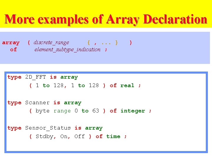 More examples of Array Declaration array of ( discrete_range { , . . .