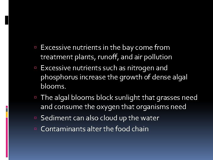  Excessive nutrients in the bay come from treatment plants, runoff, and air pollution