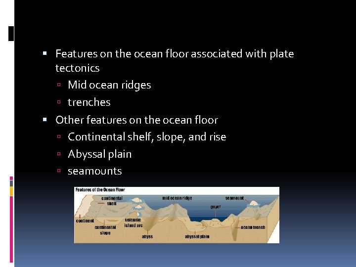  Features on the ocean floor associated with plate tectonics Mid ocean ridges trenches