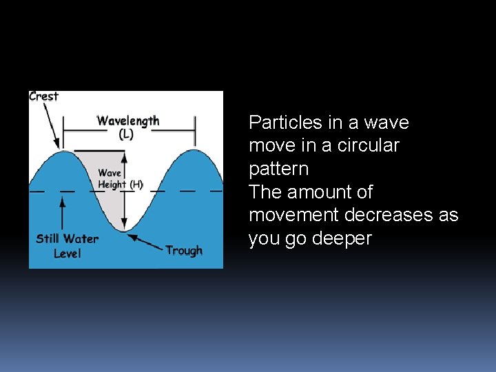 Particles in a wave move in a circular pattern The amount of movement decreases