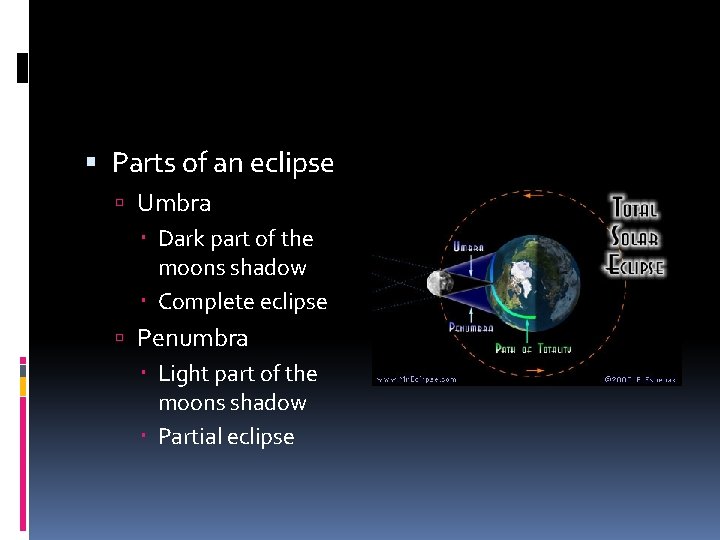  Parts of an eclipse Umbra Dark part of the moons shadow Complete eclipse