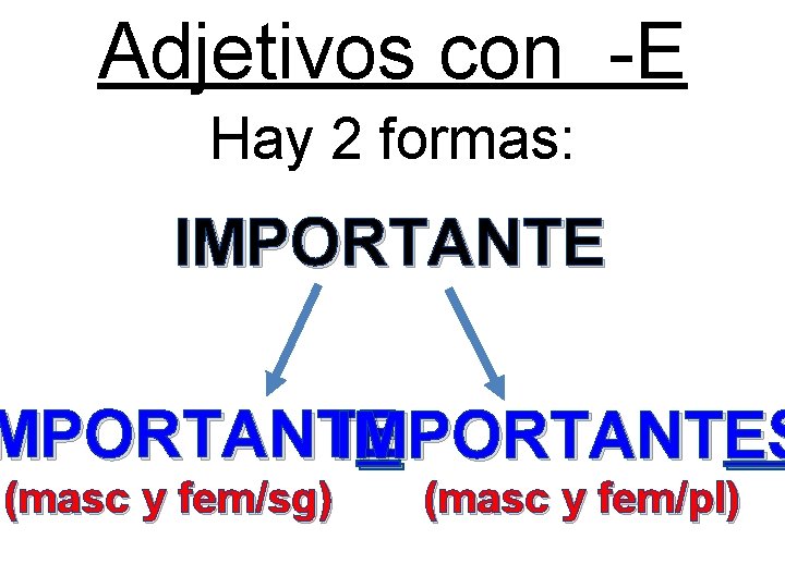 Adjetivos con -E Hay 2 formas: IMPORTANTE MPORTANTIMPORTANT E ES (masc y fem/sg) (masc