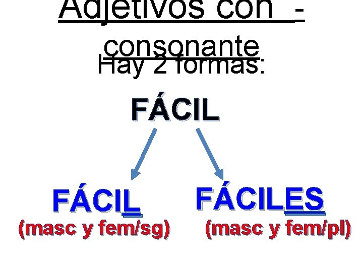 Adjetivos consonante Hay 2 formas: FÁCIL (masc y fem/sg) FÁCILES (masc y fem/pl) 