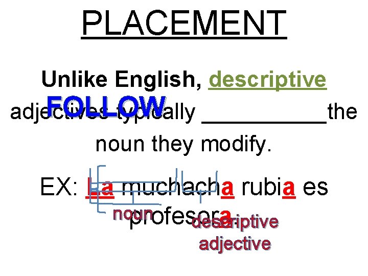 PLACEMENT Unlike English, descriptive FOLLOW adjectives typically _____the noun they modify. EX: La muchacha