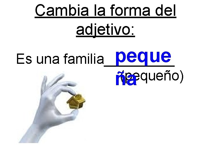 Cambia la forma del adjetivo: peque Es una familia_____ (pequeño) ña 