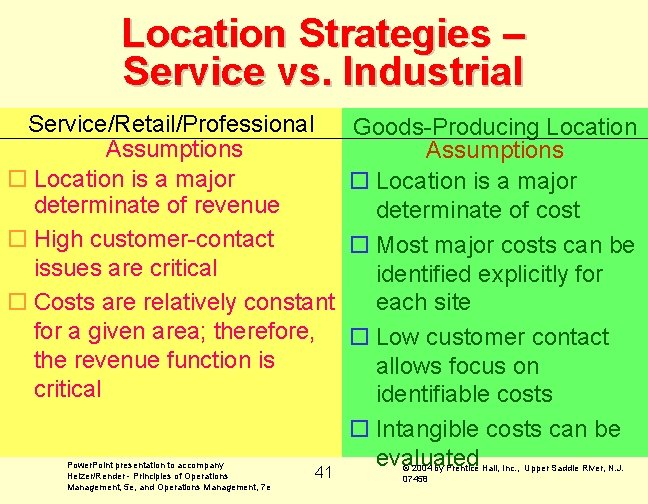 Location Strategies – Service vs. Industrial Service/Retail/Professional Assumptions o Location is a major determinate